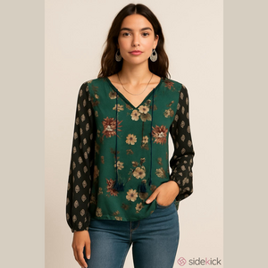 Tolani Teal and Black Floral boho Blouse
